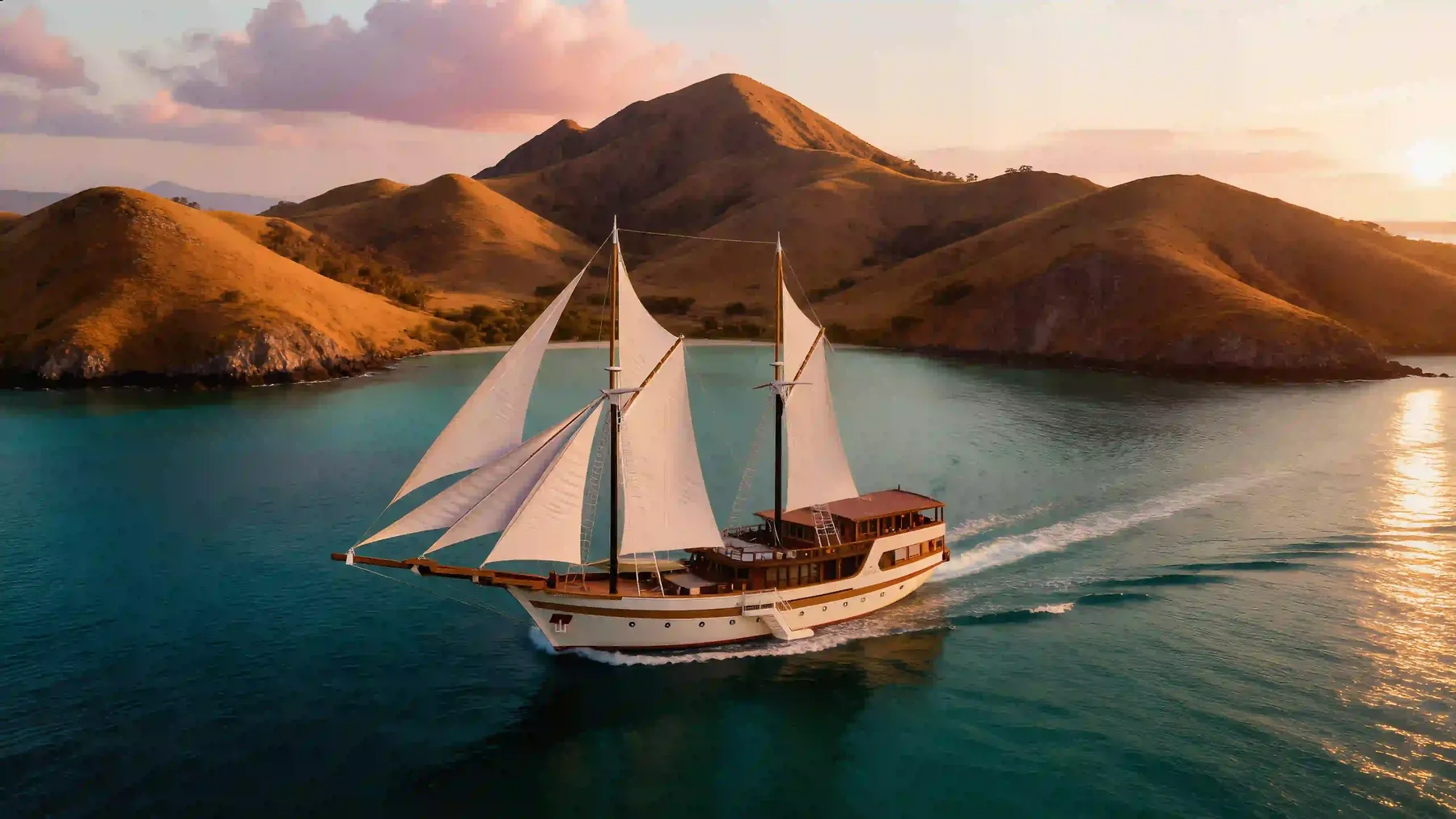Luxury phinisi sailing through Komodo National Park